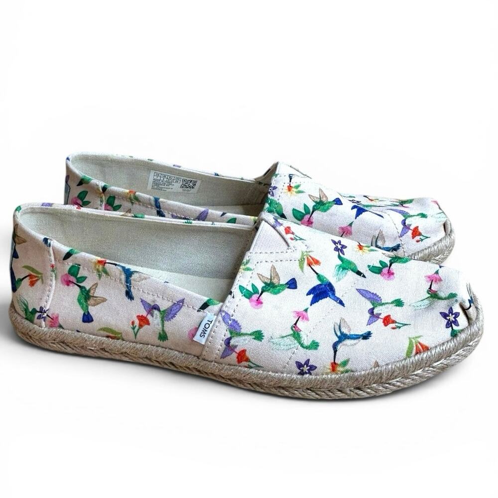 TOMS Belmont Hummingbird Print Canvas Espadrille Slip-On Shoes White Colorful 7